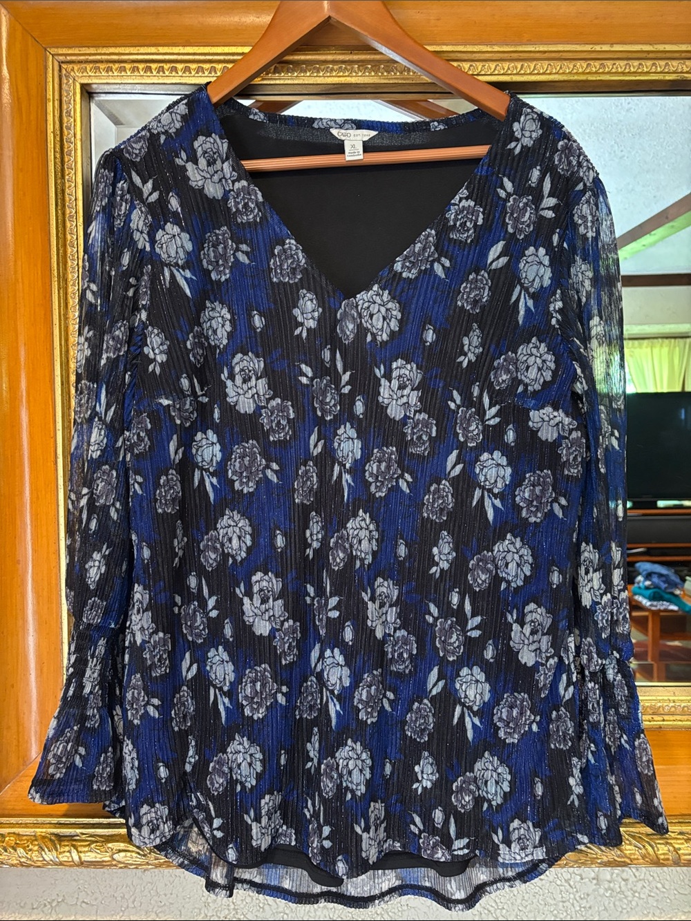 Cato Blue & Black Floral Metallic Top - Size XL